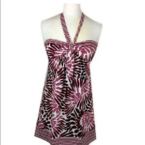 BCBG Maxazria Strapless Purple and Ivory Tropical Print Tube Halter Dress. Sz S